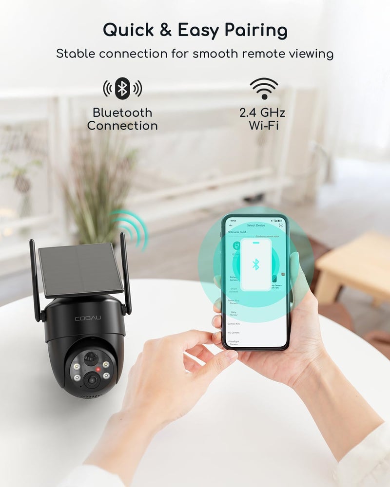 COOAU كاميرات للأمن المنزلي، كاميرات أمنية شمسية 2K 360° لاسلكية خارجية، قابلة لإعادة الشحن في الإضاءة المنخفضة، سهلة التركيب، كاميرا مراقبة مع كشف ذكي بالذكاء الاصطناعي، رؤية ليلية ملونة، صوت ثنائي الاتجاه - Image 4